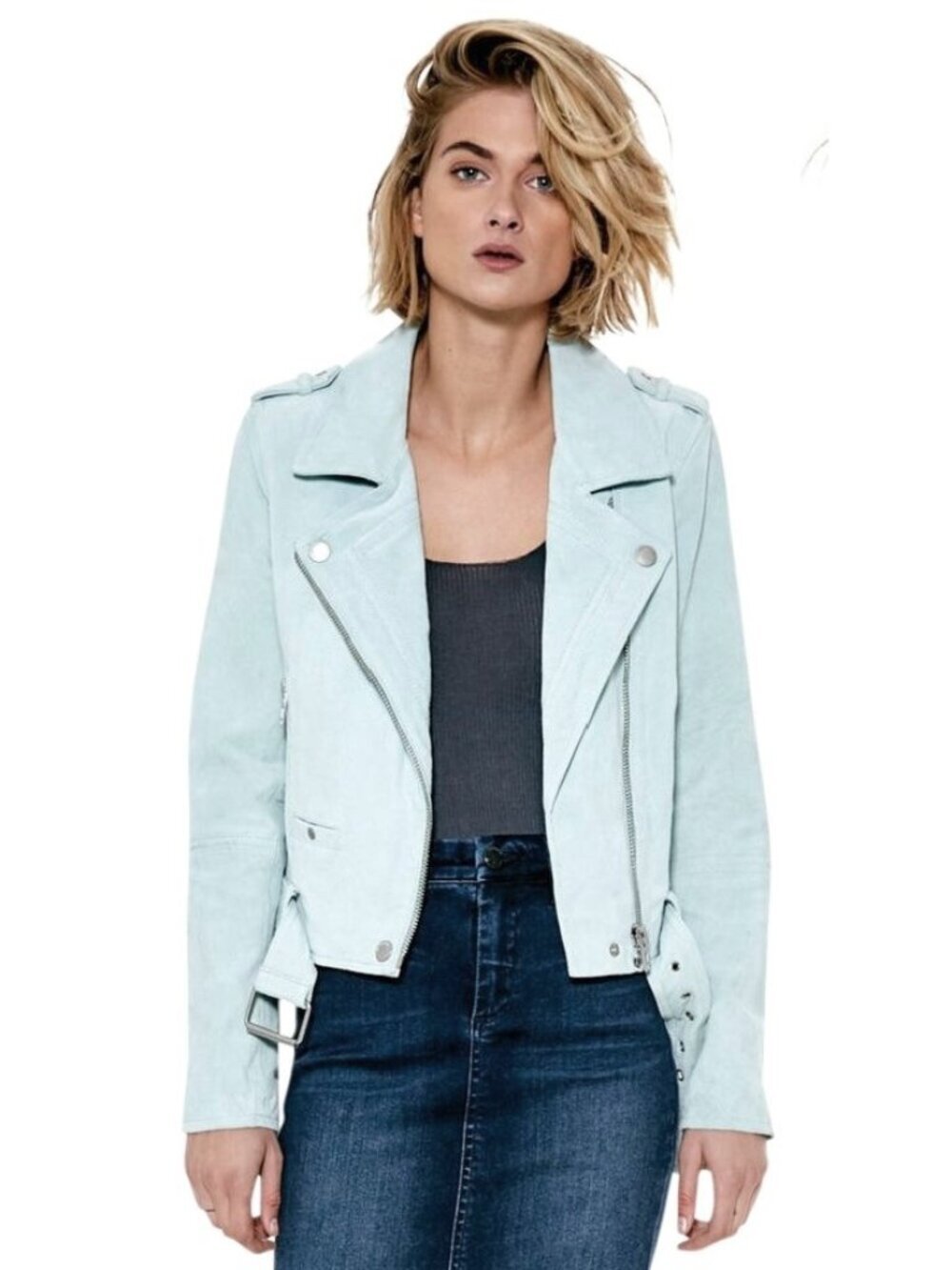 BLANKNYC Suede Belted Moto Jacket Mint Blue XS